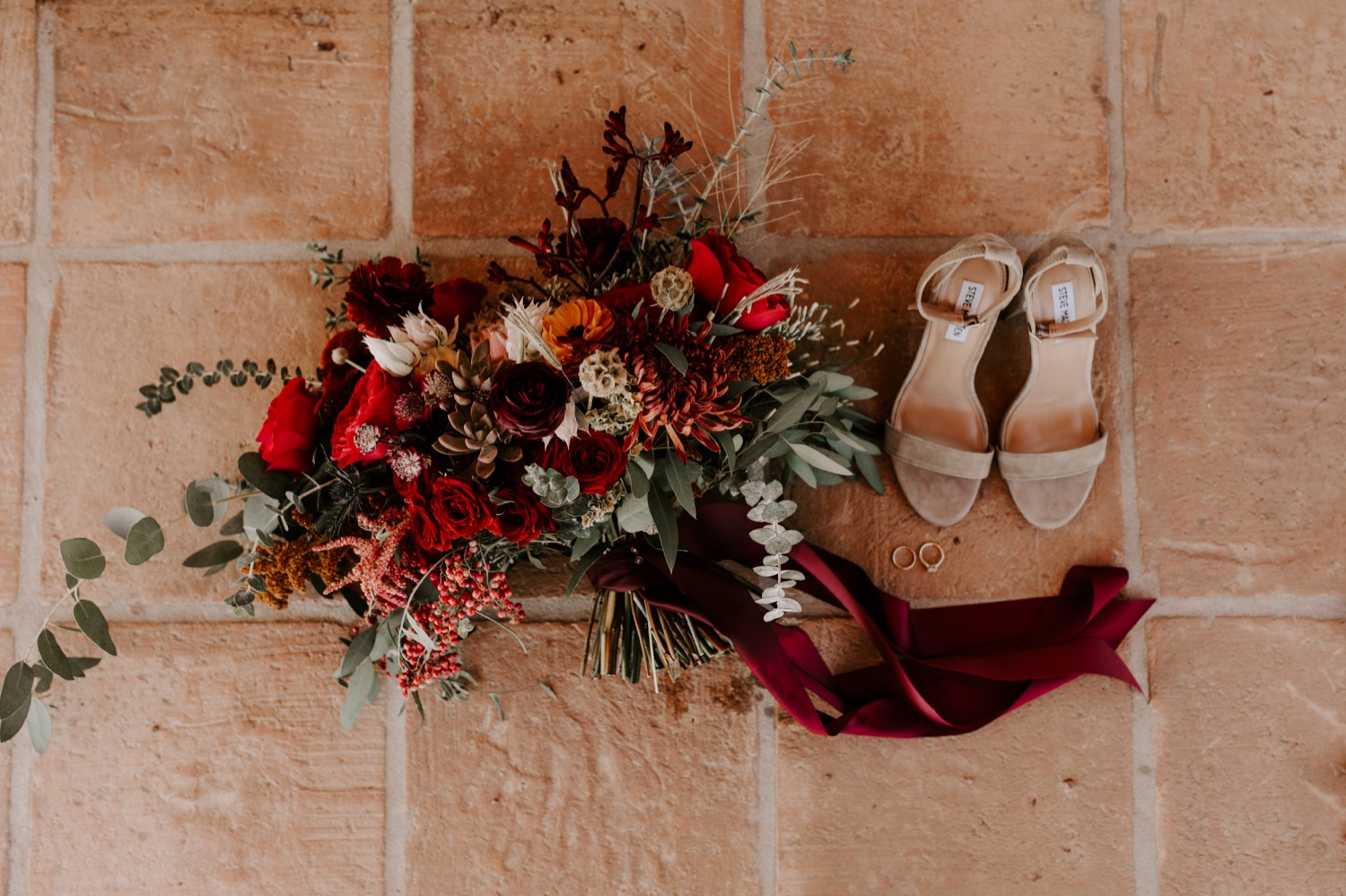 Fall boho bouquet inspiration with red and eucalyptus