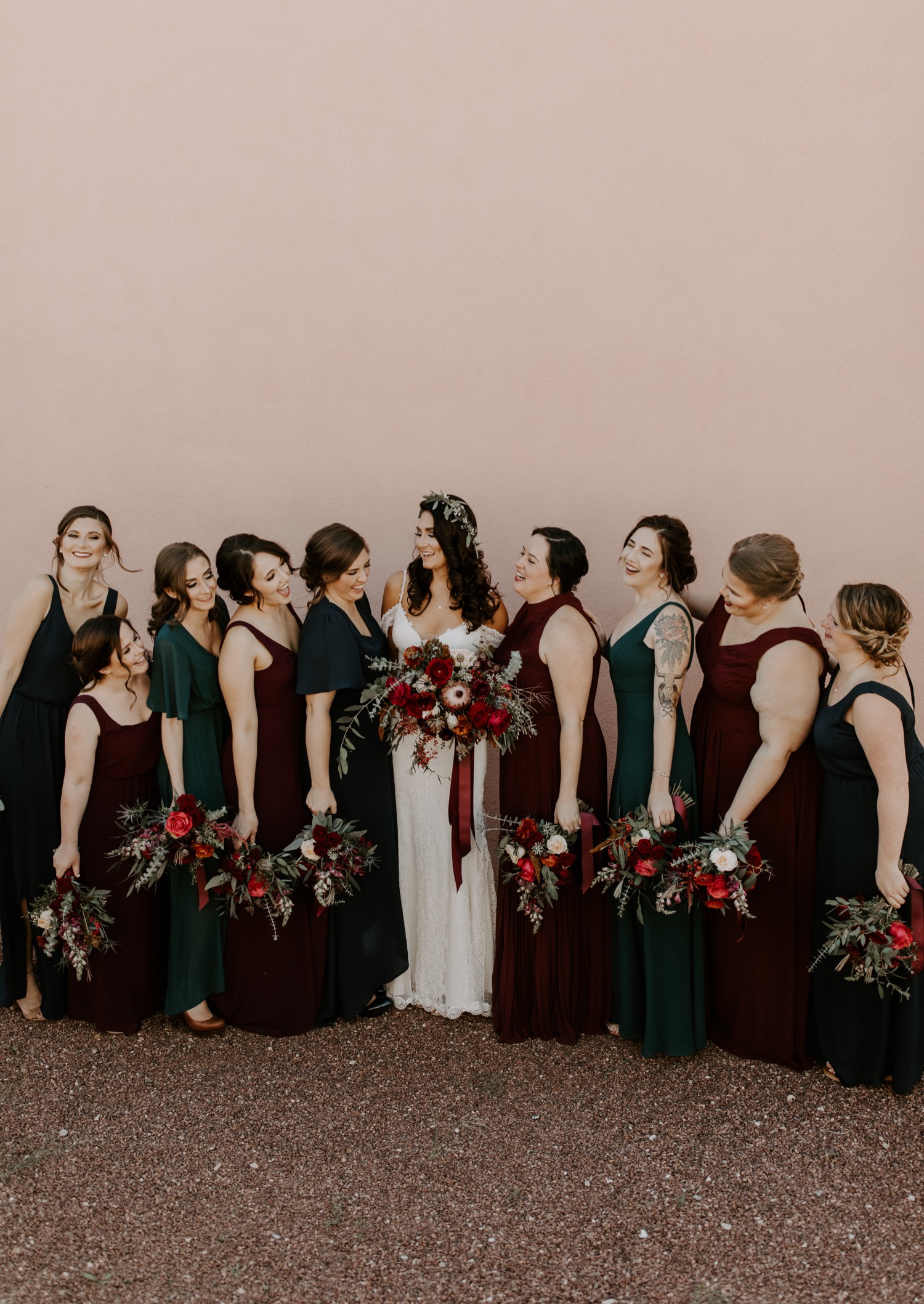 Jewel toned bridesmaid dresses for fall wedding at Tanque Verde Ranch wedding venue