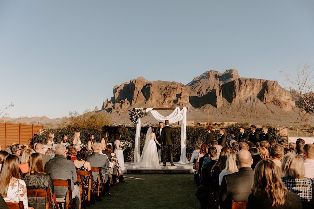A beautiful sunny reception in front of the Superstition Mountains