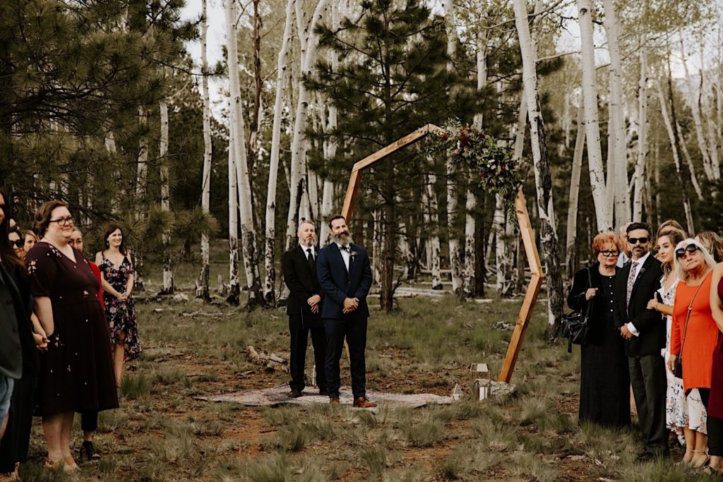 Flagstaff woods elopement first look with groom