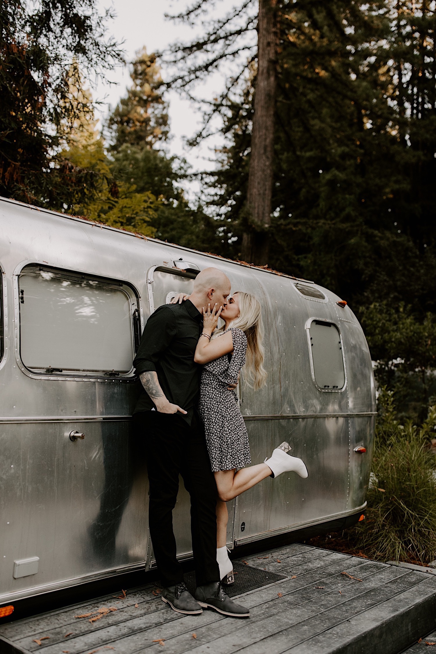 airstream engagement session in the woods