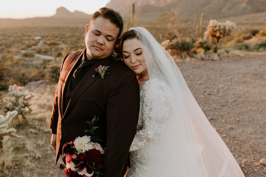 bride and groom sunset portraits desert wedding superstition mountains
