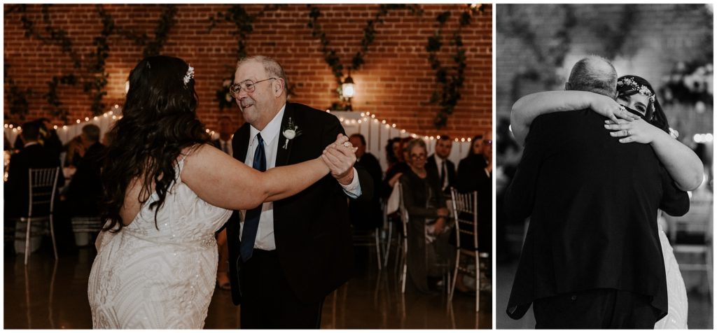 Bride and her father dancing together during wedding reception