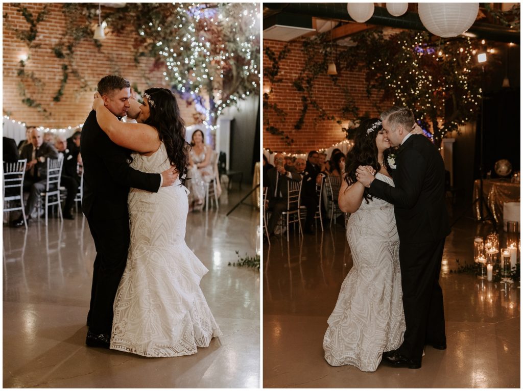 Bride and groom dancing together during wedding reception